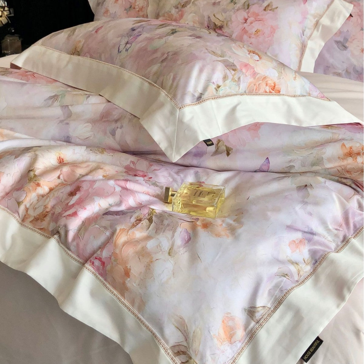 Aquarell-Paeonien-Satin-Bettbezug-Set mit Kante und passenden Kissenbezügen
