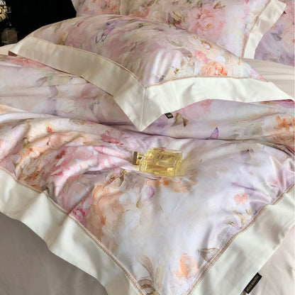 Aquarell-Paeonien-Satin-Bettbezug-Set mit Kante und passenden Kissenbezügen