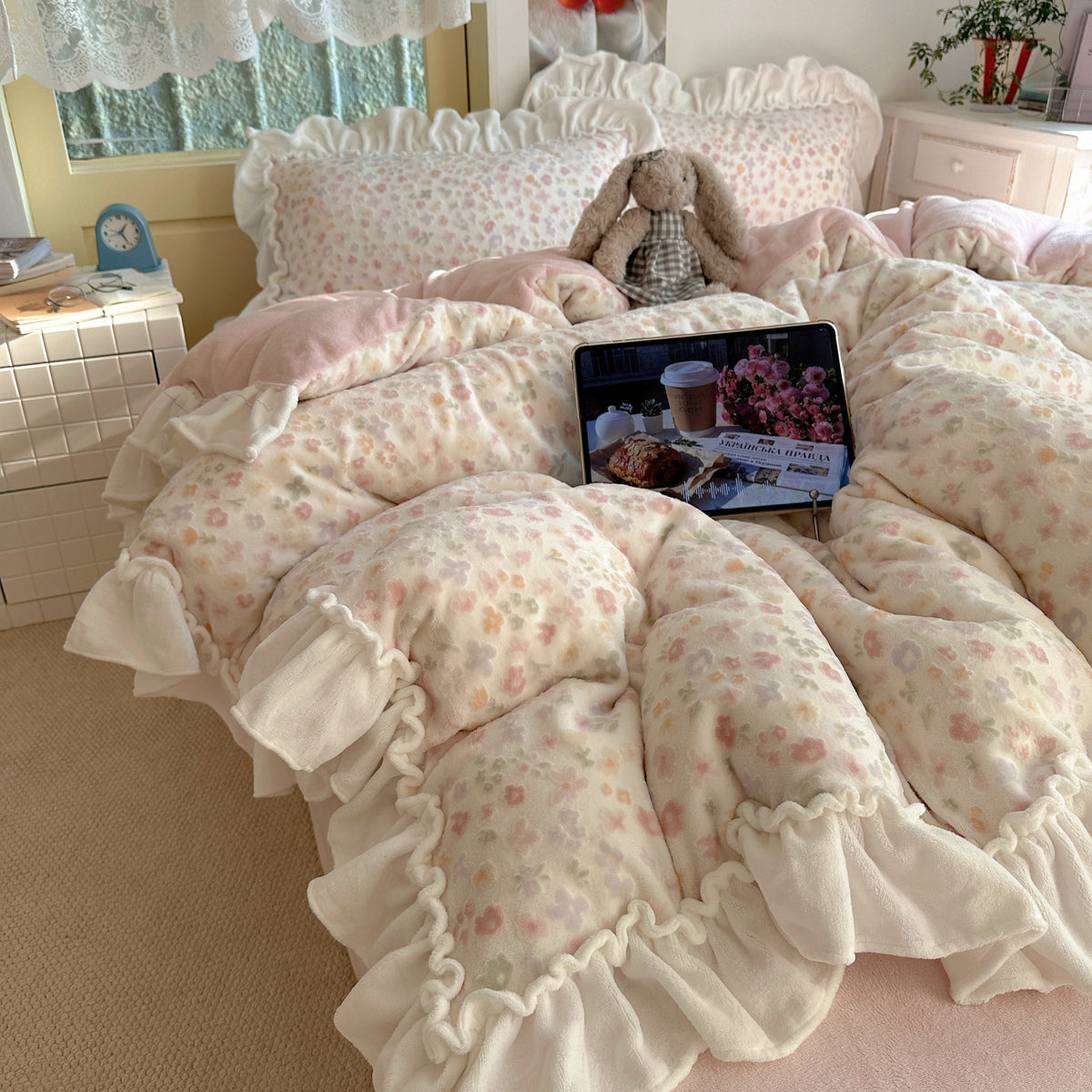 Plüsch Rüschen Gänseblümchen Fleece Bettdecke mit Box-Quilt Konstruktion
