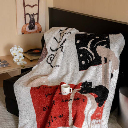 Extraweiche Chenille-Wohndecke mit Katzenillustration und Sternenrelief Brehn