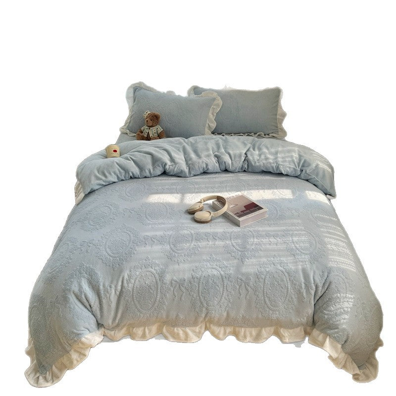 Plüschgeprägtes Velvet-Feeling Rüschende Bettwäsche-Set mit Rüschkissenbezügen