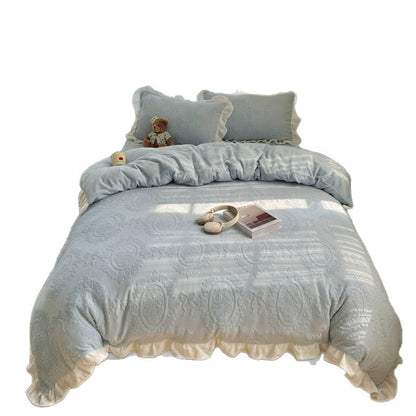 Plüschgeprägtes Velvet-Feeling Rüschende Bettwäsche-Set mit Rüschkissenbezügen