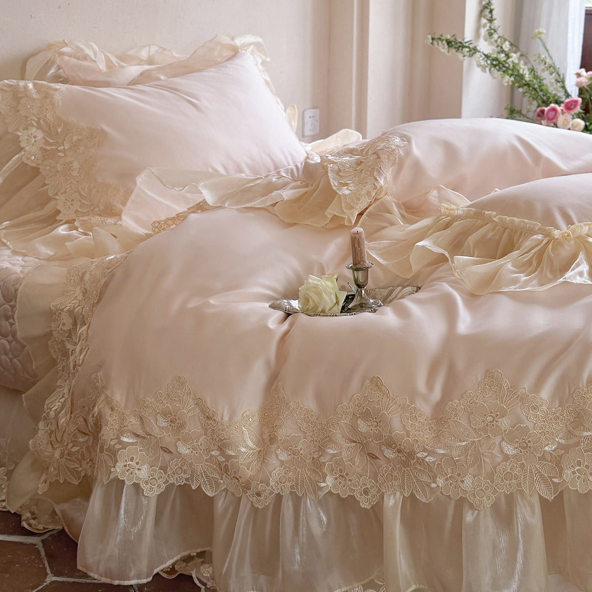 Romantisches Organza-volant Duvetbezug-Set mit Rüschenkissenbezügen