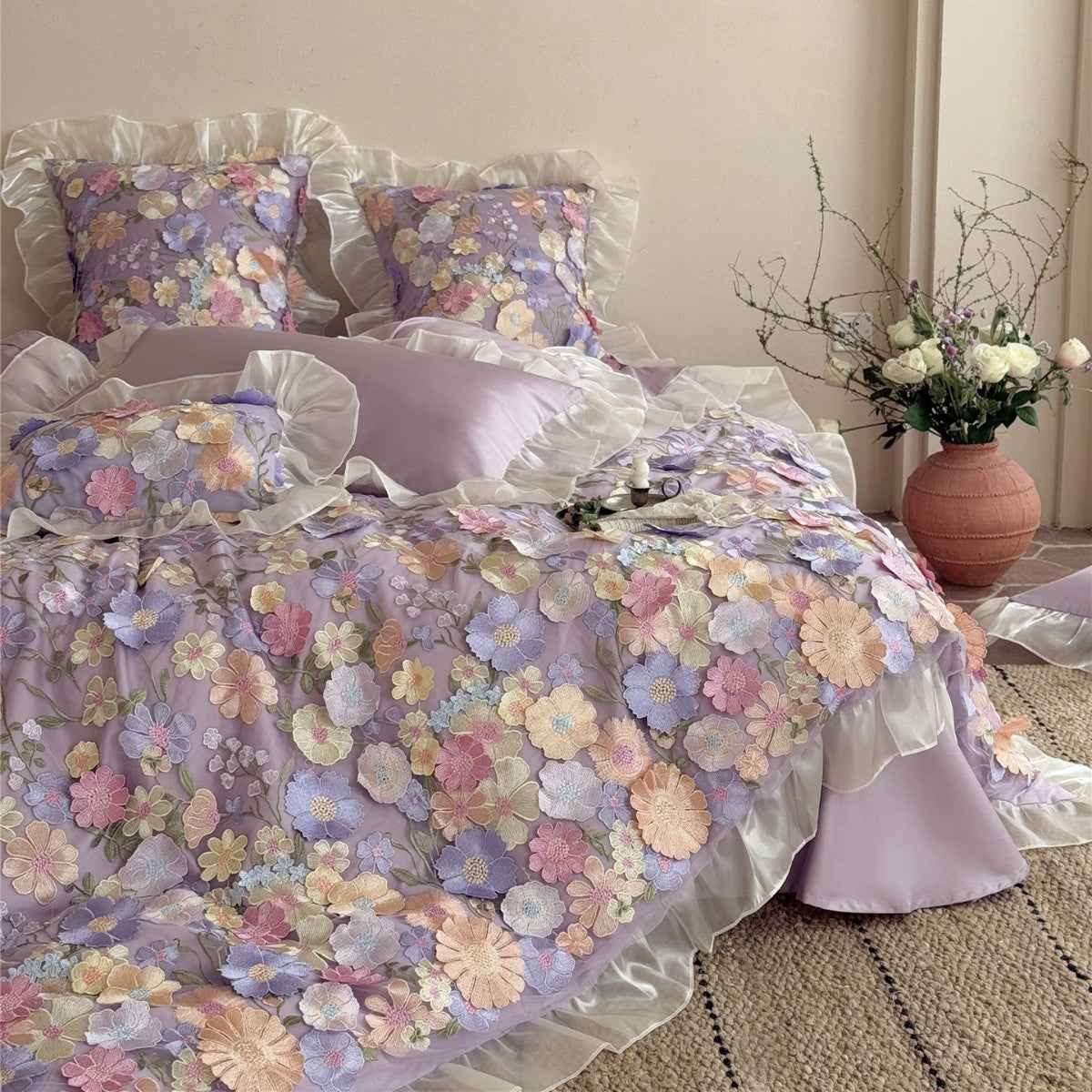 3D Floral Spitze Applikation Rüschende Bettbezug Set