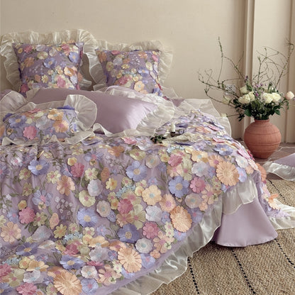 3D Floral Spitze Applikation Rüschende Bettbezug Set