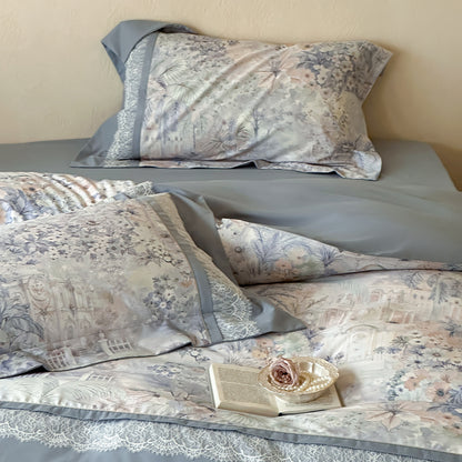 Botanischer Druck Sateen Bettwäsche Set mit zarter Spitzenbordüre und Euro Kissenbezügen