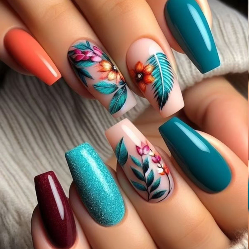 Künstlerische florale und Glitzer Press-On Nägel Brehn
