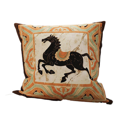Embroidered Medallion Horse Velvet-Texture Decorative Throw Pillow Cover with Hidden Zipper