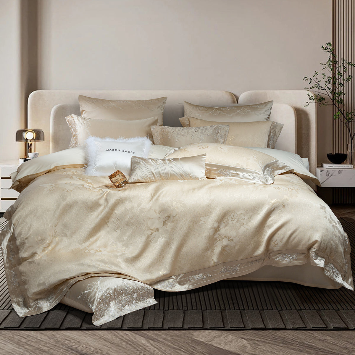 Luxuriöses Satin-Jacquard-Blumenbettwäsche-Set mit Bettdecke und Kissenbezügen