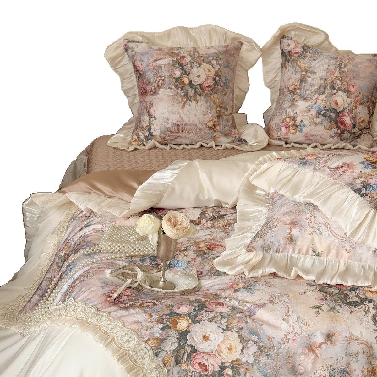 Vintage Floral Jacquard Bettwäsche Set mit Rüschensatinbesatz und Spitzenpaneel