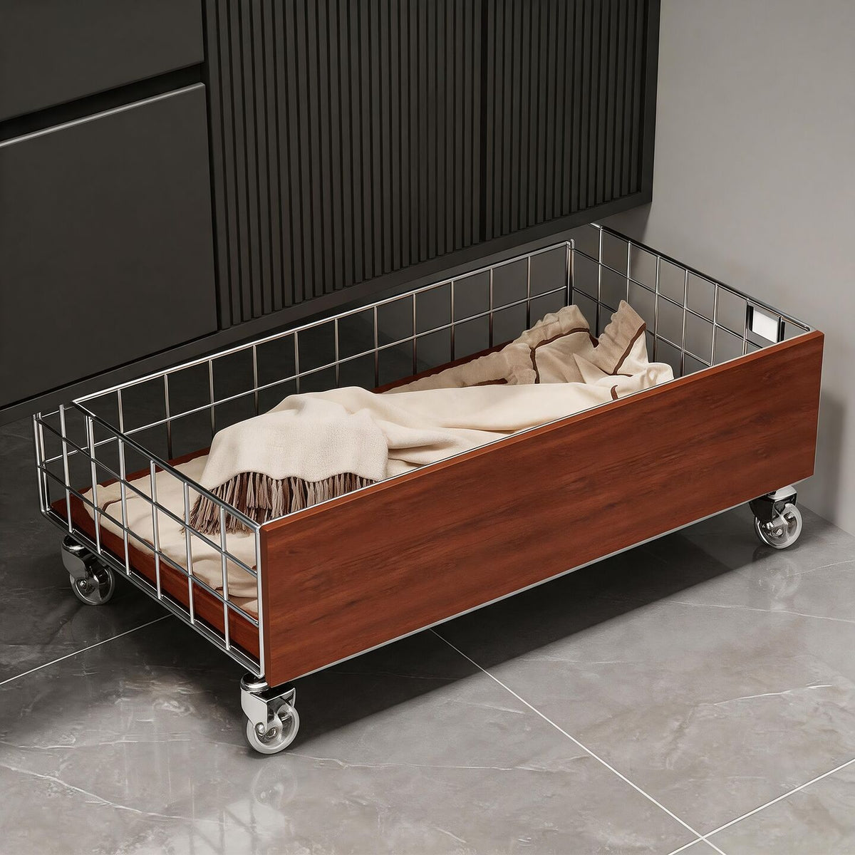 Unterbett-Rollaufbewahrungsdrawer mit Drahtgitterseiten und Holzoptik-Panels