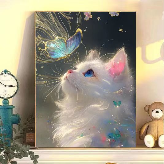 Verzaubernder Katzen- und Schmetterlings-Kunstdruck Brehn