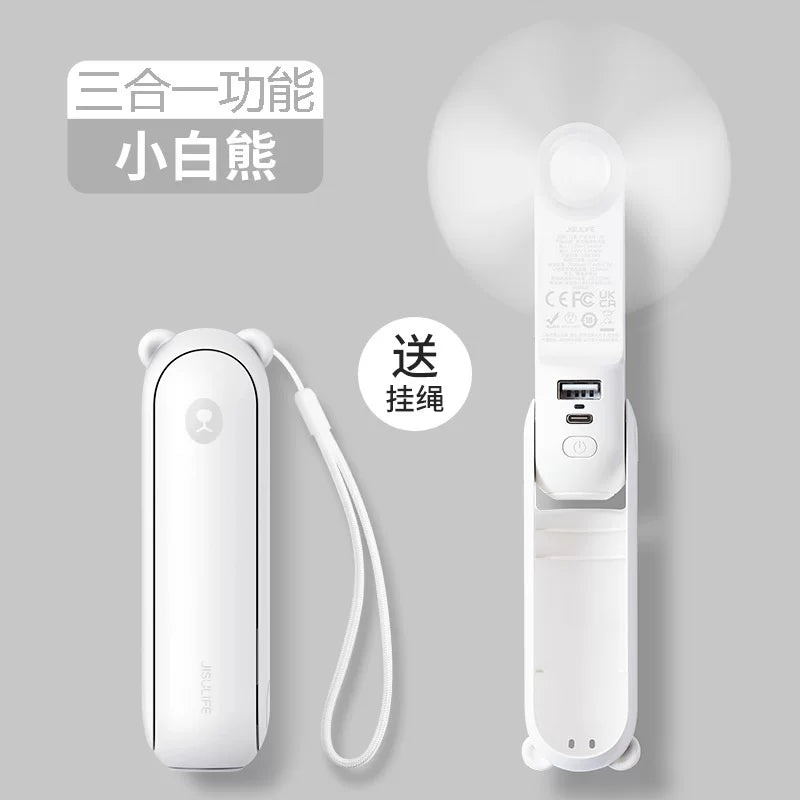 Unisex Einheitsgröße faltbarer wiederaufladbarer Dreifach-Handheld-Mini-Ventilator mit integriertem Powerbank USB-C und USB-A Anschlüssen sowie Handgelenksschlaufe Brehn