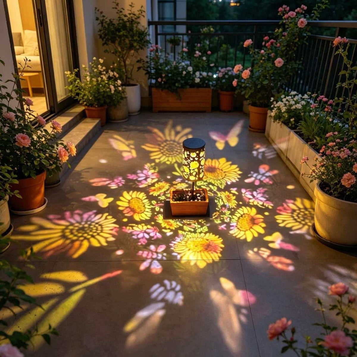 Solar Projection Lantern Mit Sonnenblumen Floral Metallzylinder Und Hängendem Griff Brehn
