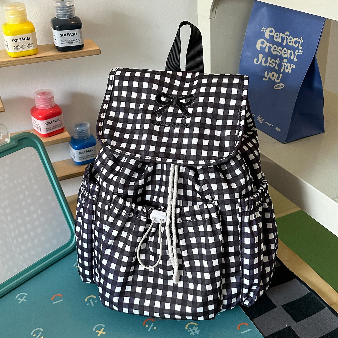 Charmanter Kariert Zugbeutel-Schul-Rucksack