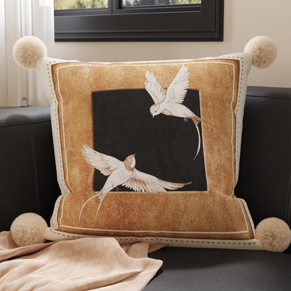 Square Plush Botanical Velvet Cushion Cover with Corner Pom-Poms and Invisible Zip