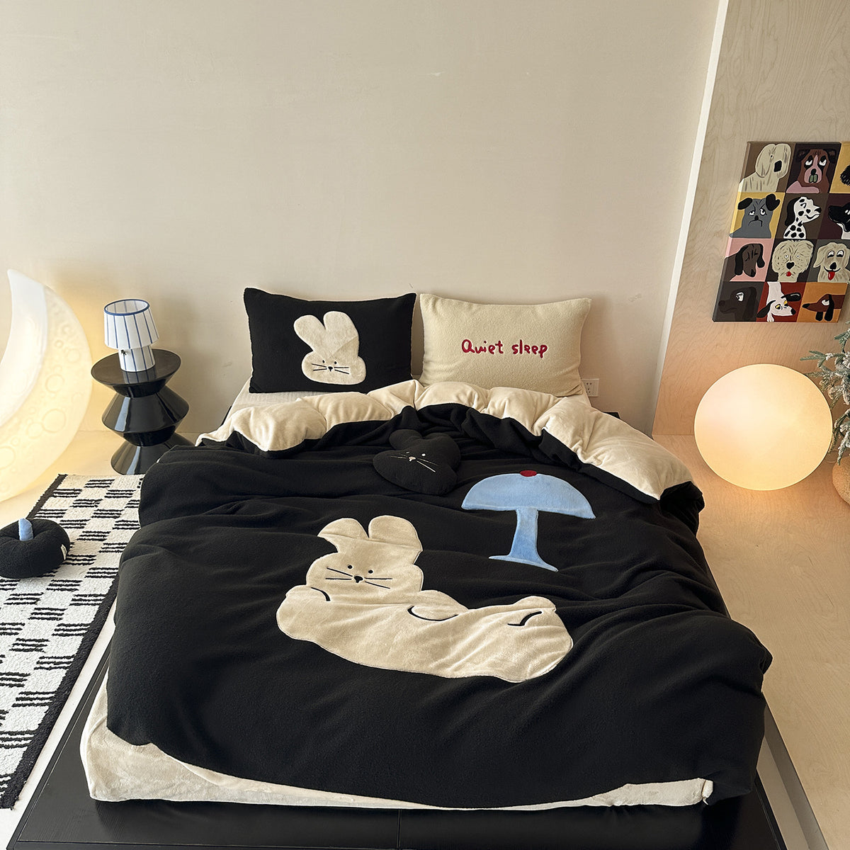 Plüsch Applikation Katzenmotiv Bettbezug Set