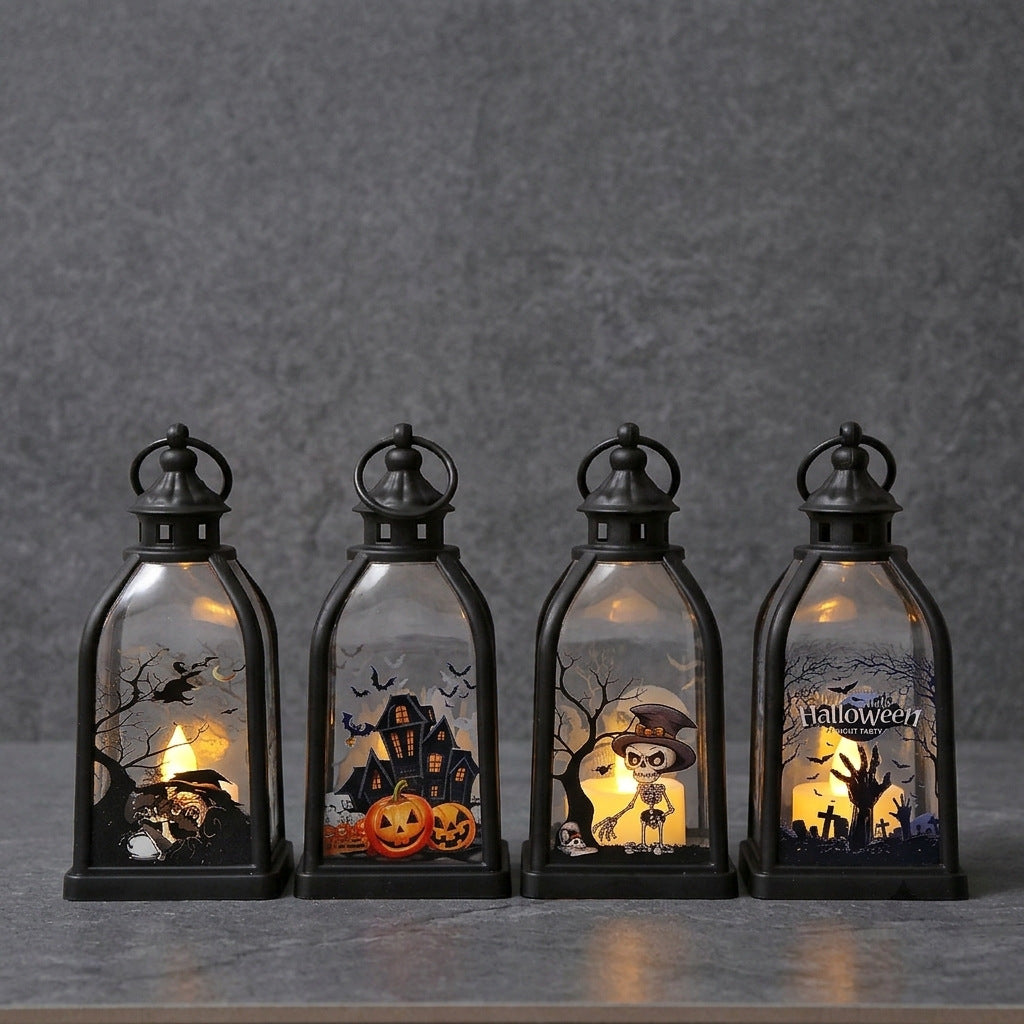 Halloween-Dekolaterne mit LED-Imitatkerze und Skelett-Glaseinsätzen antikoptik