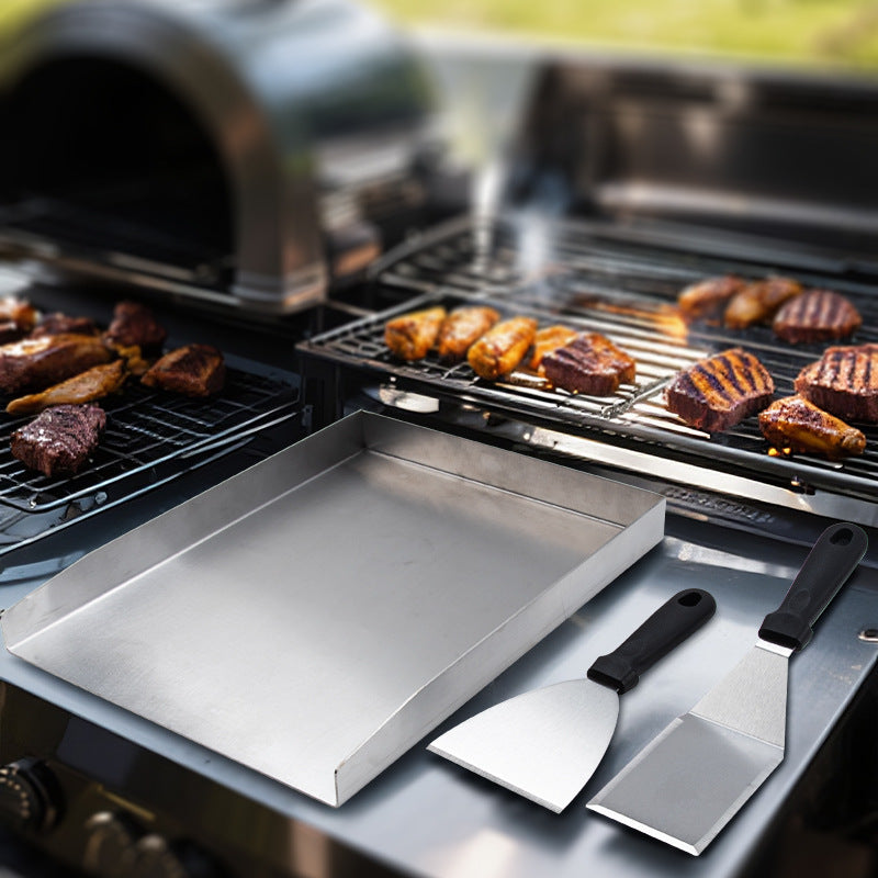 Edelstahl-Grillplancha Set Dreiteilig mit Hohen Rändern und Profi-Spachteln Brehn