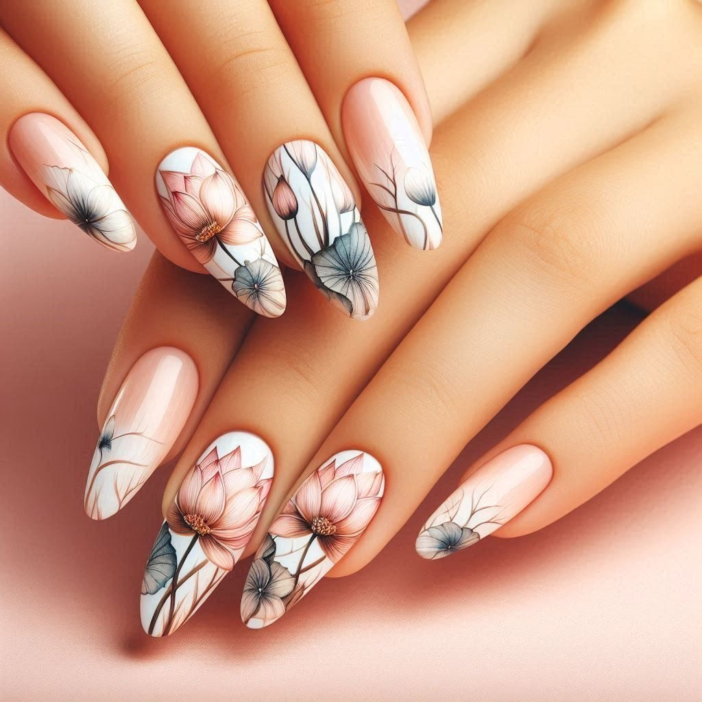 Kunstnagelset mit floralen und künstlerischen Motiven Brehn