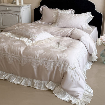 Spitzenbesatz Satin-ähnliches Rüschende Bettbezug Set mit eingewebtem Medaillon Jacquard
