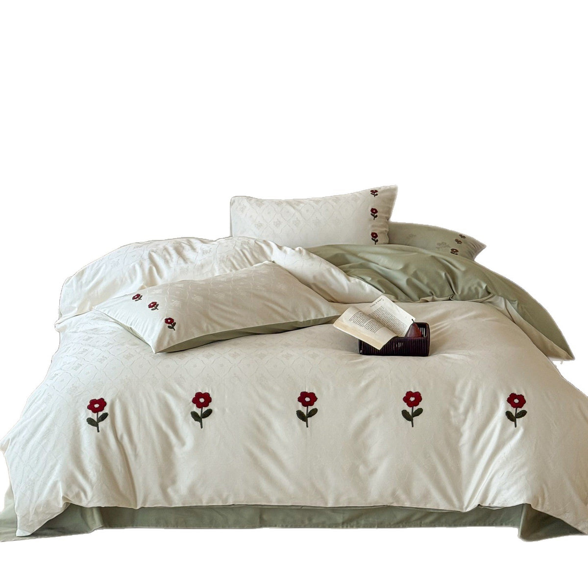 Bestickte Mohn Jacquard Bettwäsche Set mit wendbarem Satingemüt