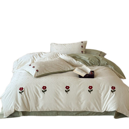 Bestickte Mohn Jacquard Bettwäsche Set mit wendbarem Satingemüt