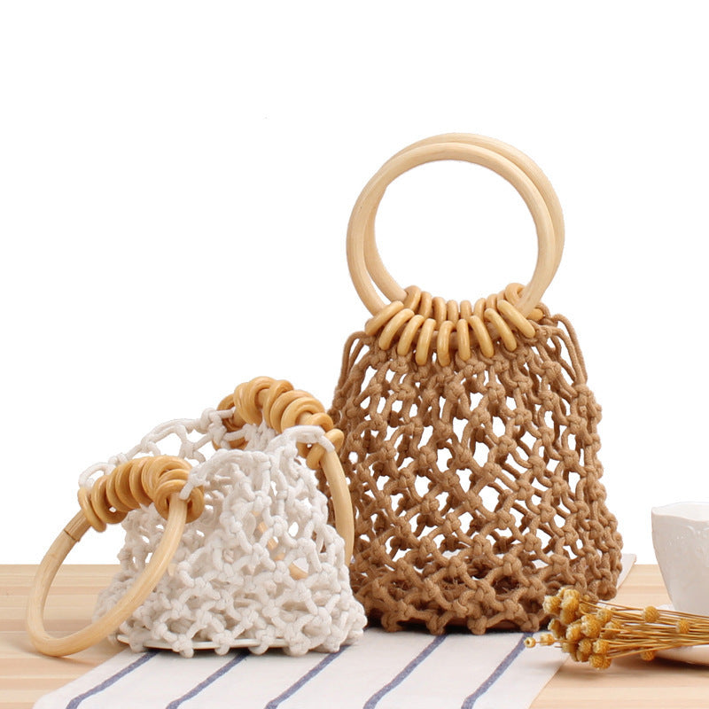 Tragetasche mit Handgeknüpftem Netzdesign und Holzgriff Brehn