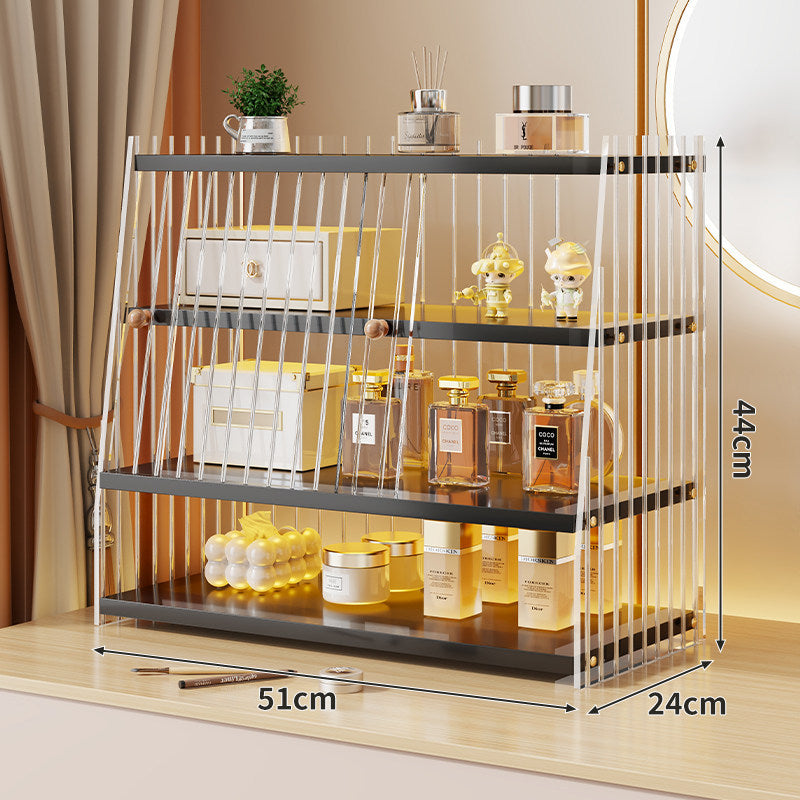 Mehrerebenen-Acryl-Parfüm- und Make-up-Displayregal mit schiebbaren Türchen mit goldenen Verzierungen