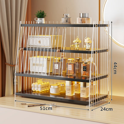Mehrerebenen-Acryl-Parfüm- und Make-up-Displayregal mit schiebbaren Türchen mit goldenen Verzierungen