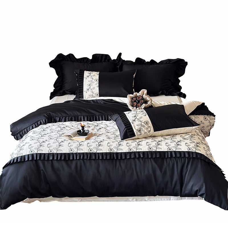 Luxuriöses Baumwoll-Satin Bettwäsche-Set mit Rüschen und zarter Blumenstickerei