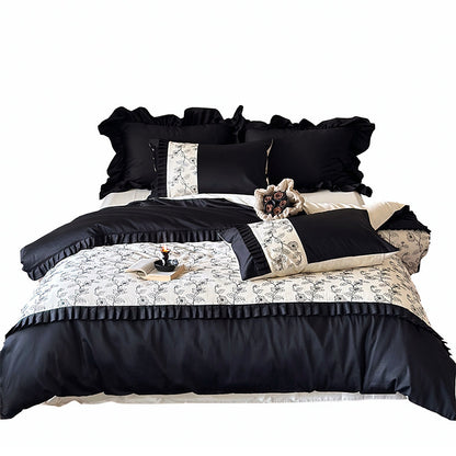 Luxuriöses Baumwoll-Satin Bettwäsche-Set mit Rüschen und zarter Blumenstickerei