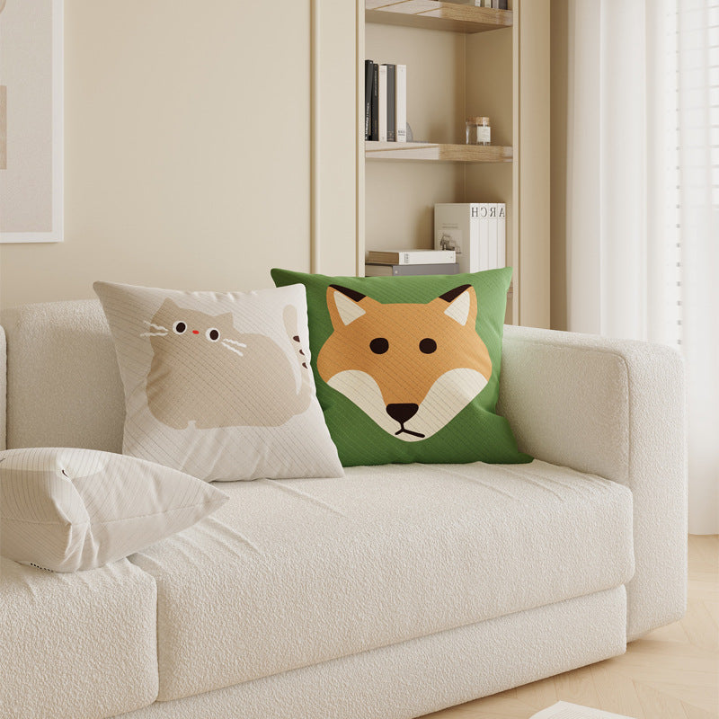 Fox Illustration Cotton-Linen Decorative Pillow Cover with Concealed Zipper
