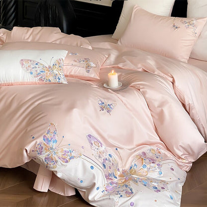 Satin-Feel Schmetterlings bestickte Bettwäsche Set