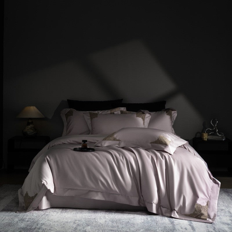 Luxus Sateen Bettbezug Set mit gestickten Eckenmotiven