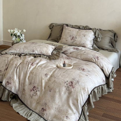 Vintage-Textur Floral Baumwoll-Bettbezug-Ensemble mit Rüschensatinrand