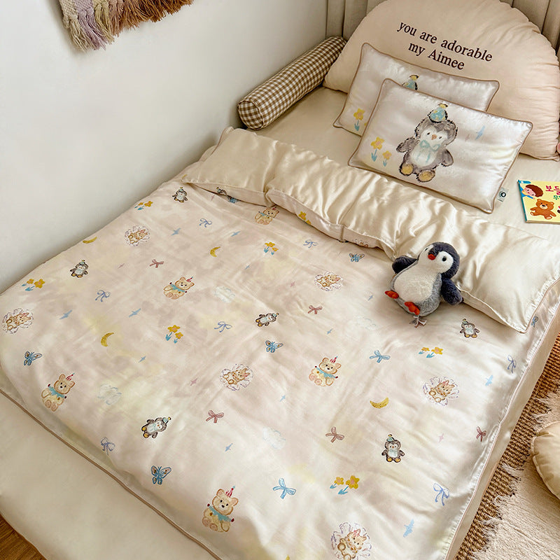 Seidiger Satin gesteppte Bettüberwurf-Set mit Cartoon-Tierdruck und passenden Kissenbezügen