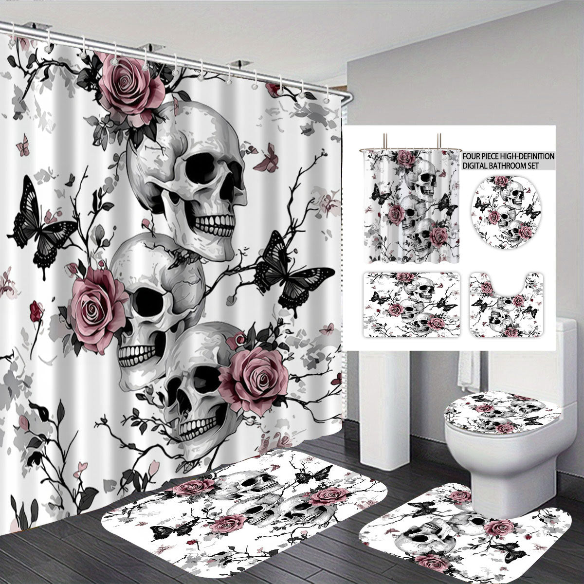 Künstlerisches Skull- und Blumenmotiv Badezimmer-Set Brehn