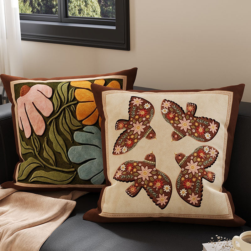 Decorative Tufted Velvet Throw Pillow Cover with Raised Floral Appliqué