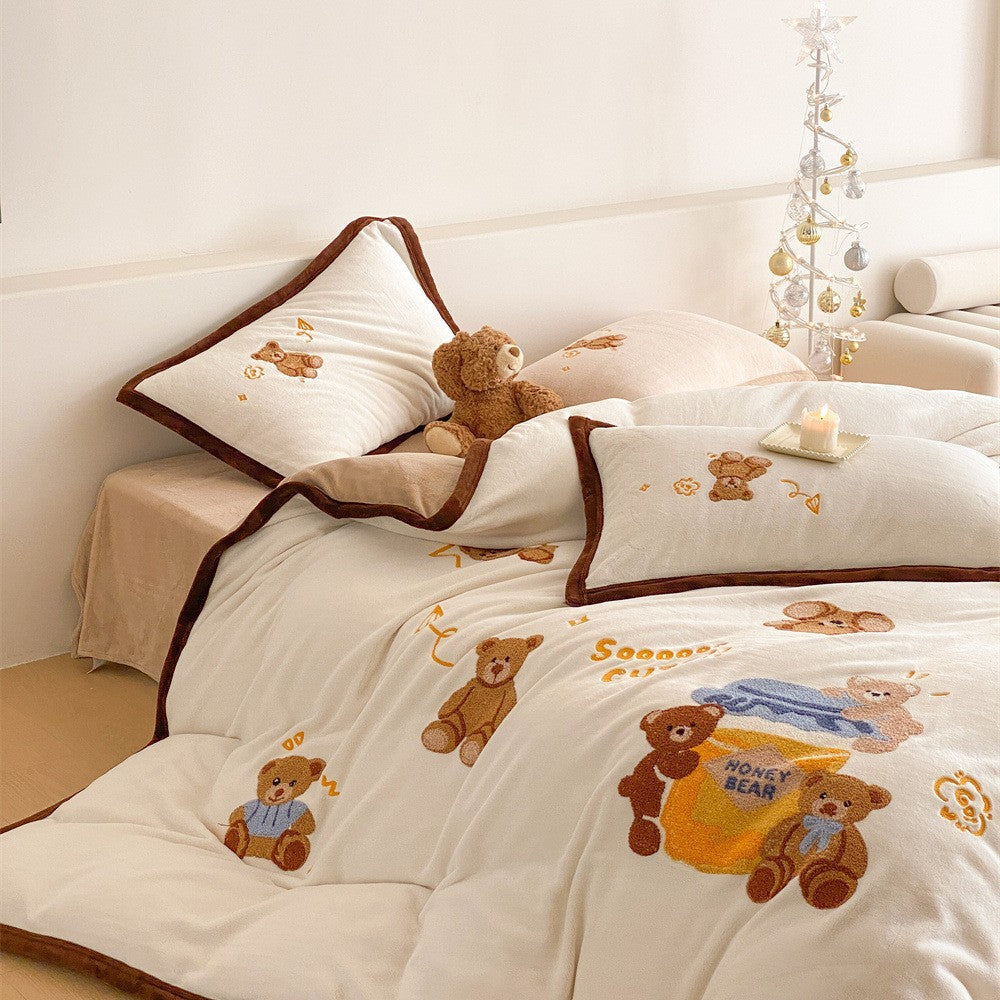 Kuschel-Bettwäscheset mit gestickten Teddybär-Motiven