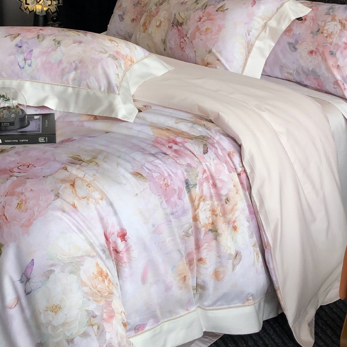 Aquarell-Paeonien-Satin-Bettbezug-Set mit Kante und passenden Kissenbezügen