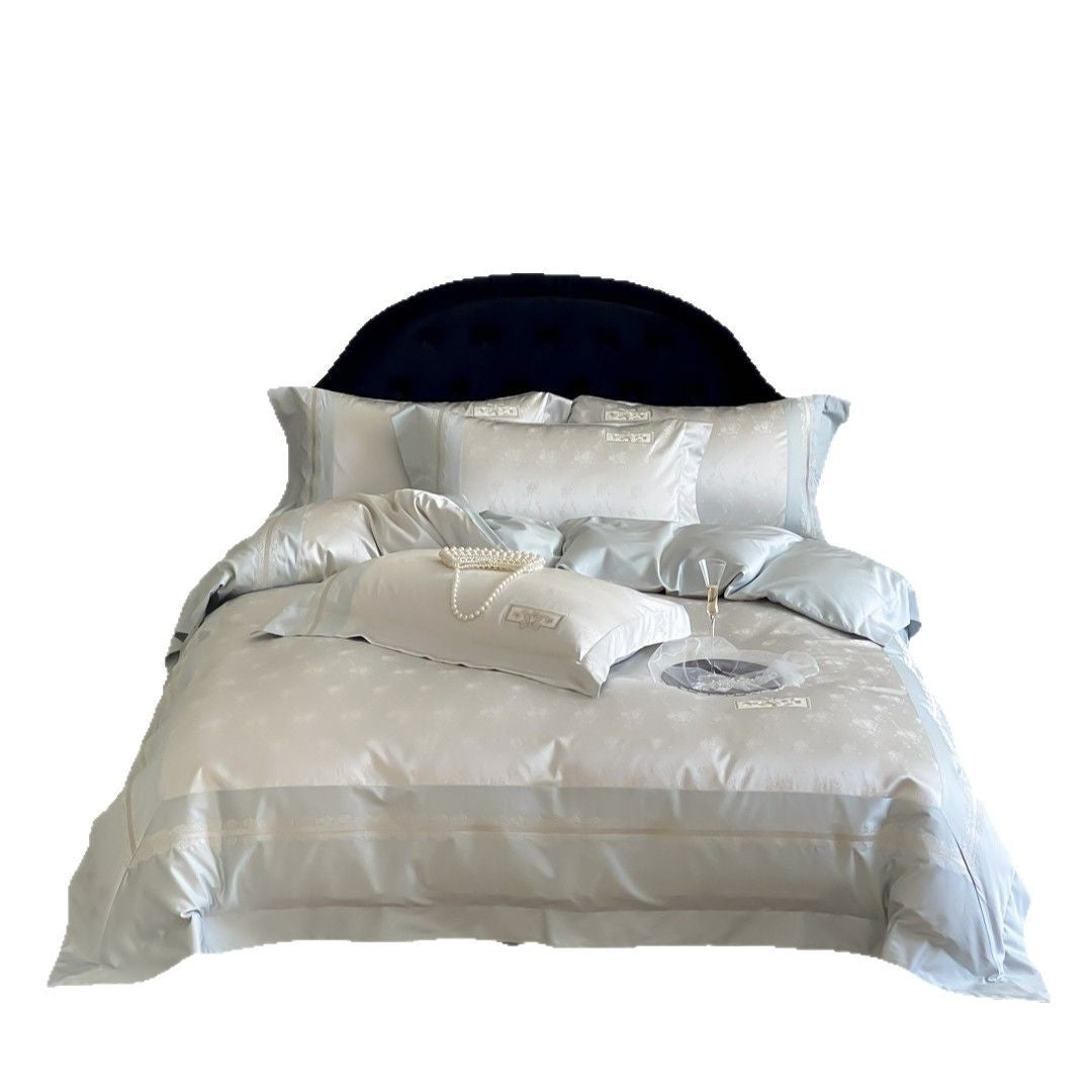 Luxuriöses Satin-Jacquard Blüten-Bettwäsche-Set mit bestickten Kopfkissenbezügen