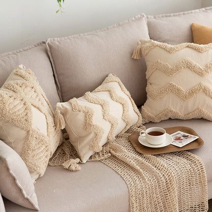 Quadratischer Zierkissenbezug im Boho‑Chic mit 3D‑Diamanttufting, Eckquasten und Baumwoll‑Leinen‑Mix Brehn