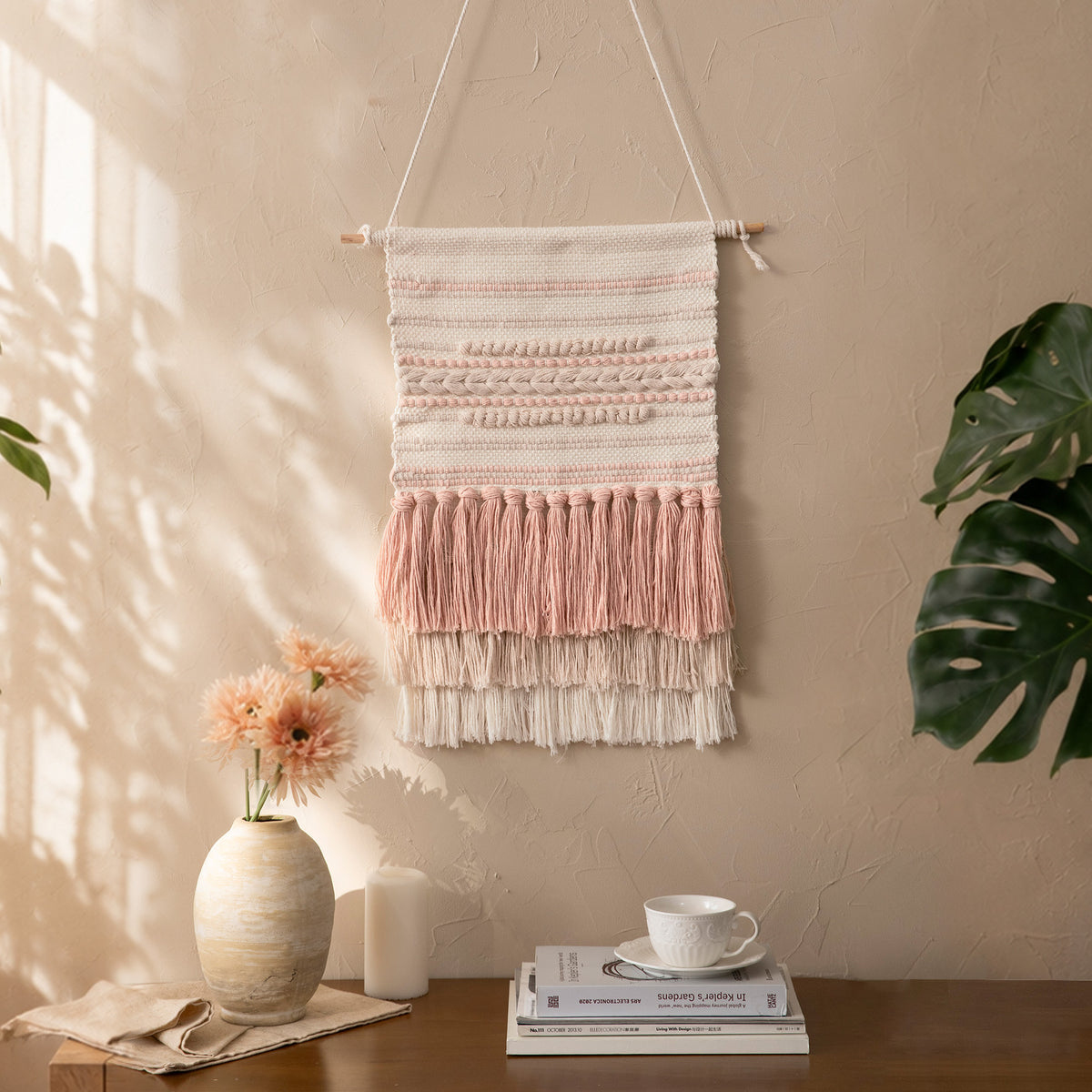 Boho-Wandbehang Makramee mit handgeknüpften Fransen und gewebten Zopfmustern Brehn
