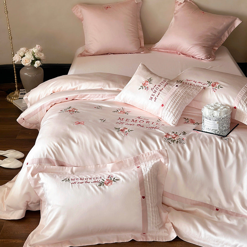 Bestickte florale Baumwollsatin Bettwäsche Set mit Pintuck Akzent Kopfkissenbezügen