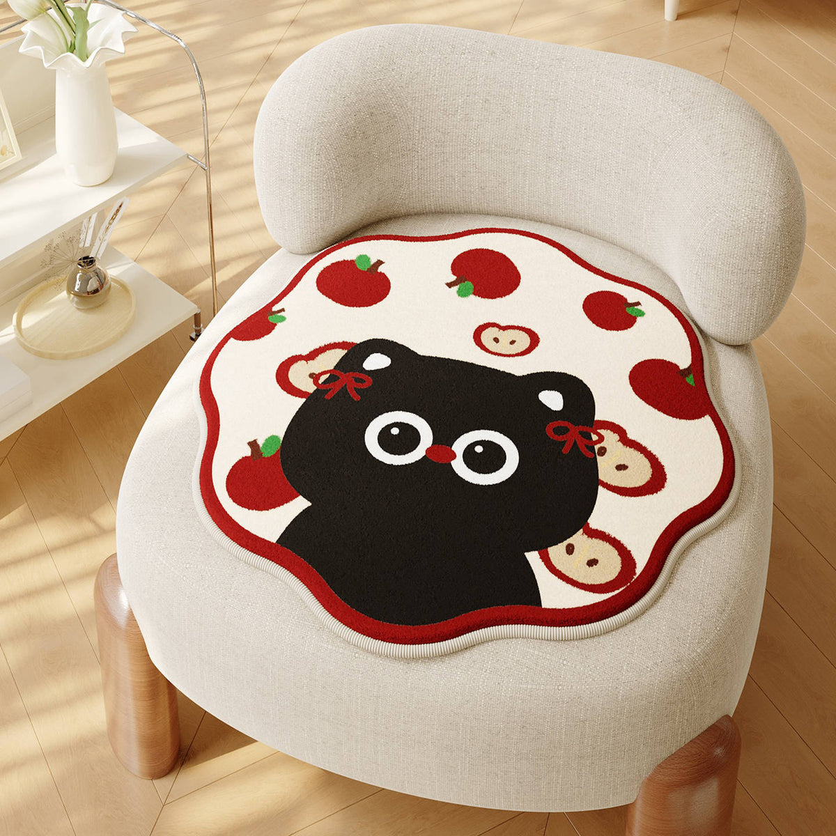 Decorative Scalloped Round Chair Seat Cushion Pad with Cartoon Cat and Polka Dot Print