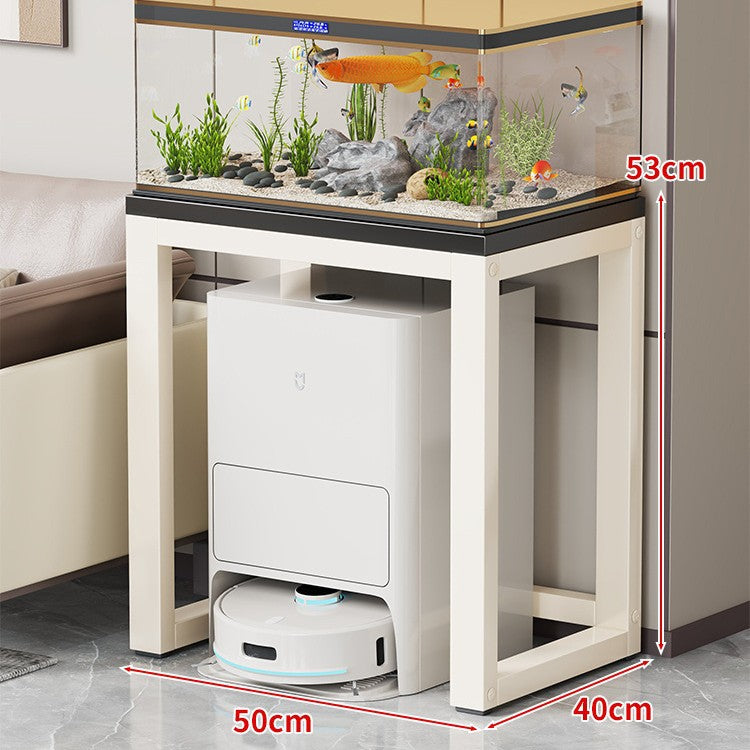 Gold-Metall-Aquarium-Konsole mit Kunstmarmorplatte und Robotersauger-Aufbewahrung