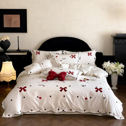 Dekorative Baumwollsatin Bettbezug Set mit gesticktem Schleifen- und Punktemuster