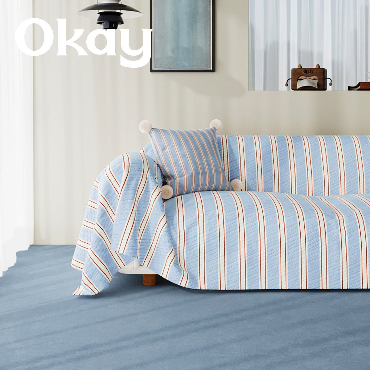 Striped Quilted Sofa Slipcover with Pom-Pom Accent Pillowcase
