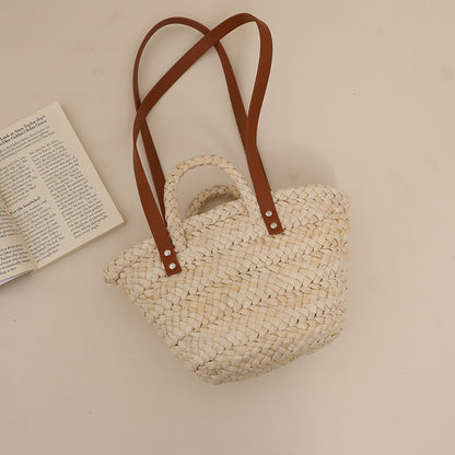 Handgefertigte Basttasche mit Stabilen Ledergriffen Brehn